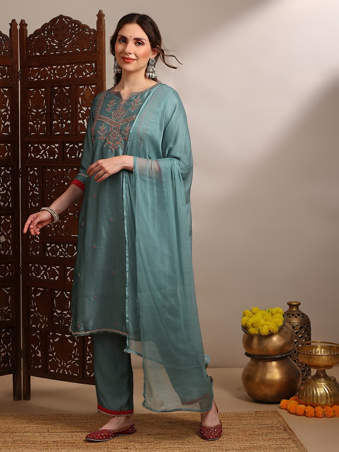 Women's Teal Blue Zari Embroidered Yoke Straight Kurta With Wide Leg Pants & Taping Dupatta Festive Set