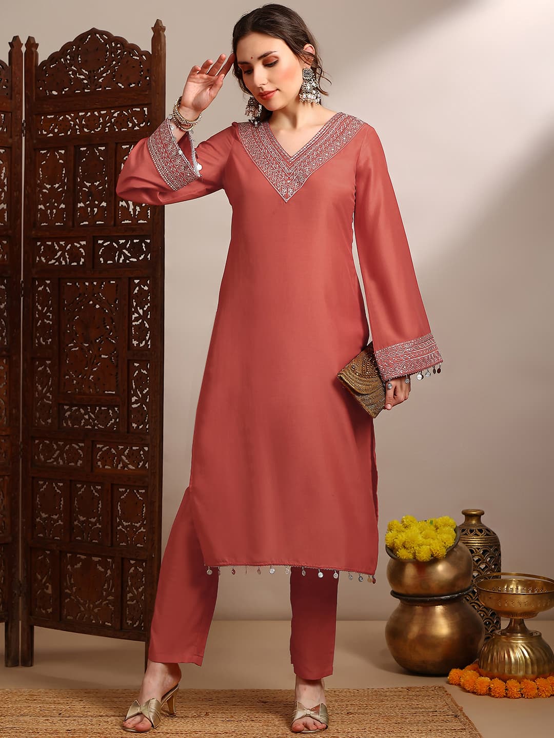 Women's Pink Sequin Zari Embroidered V-Neck Coin Detail Kurta With Pants Festive Set