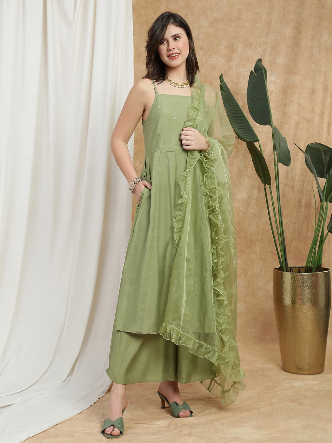 Women's Green Casual Sequin Detail Gotta Lace A-Line Kurta With Palazzos & Frill Dupatta Festive Set