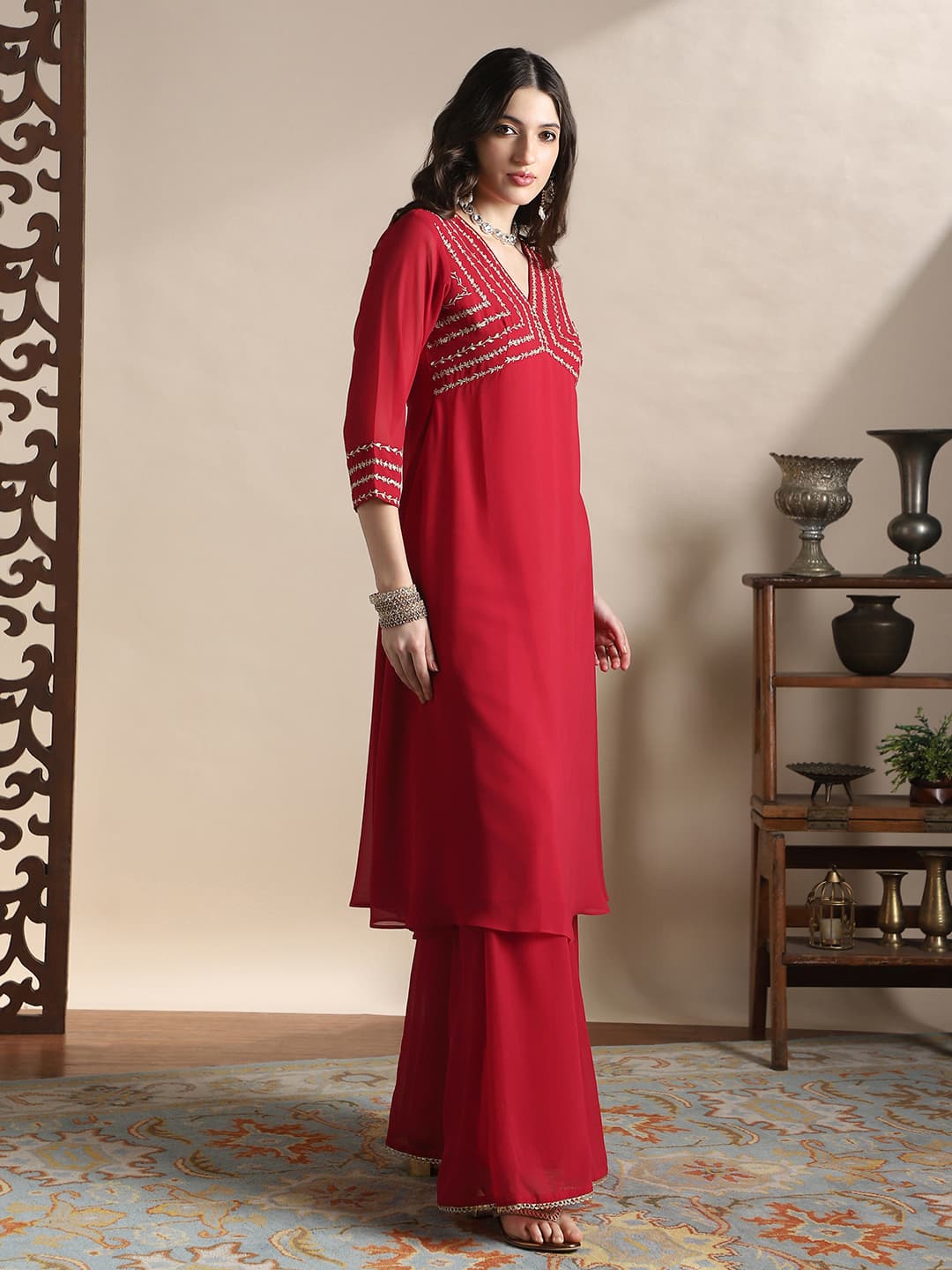 Women's Red V-Neck Floral Zari Embroiderd Yoke Georgette A-Line Kurta With Sharara Festive Set