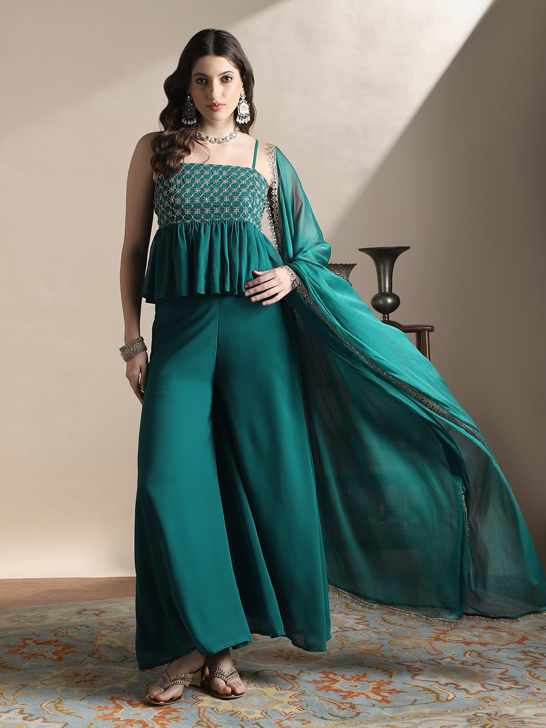 Women's Teal Green Sequin Embroidered Peplum Top With Palazzos & Dupatta Festive Co-Ord Set