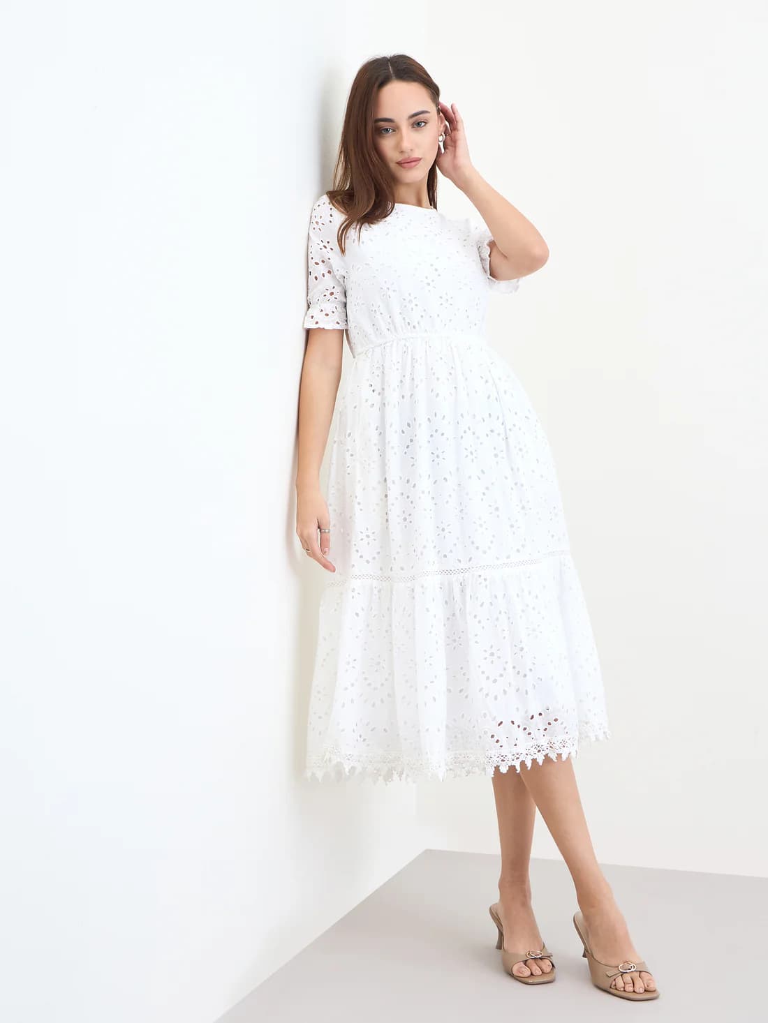 Women's White Casual Self-Design A-Line Dress