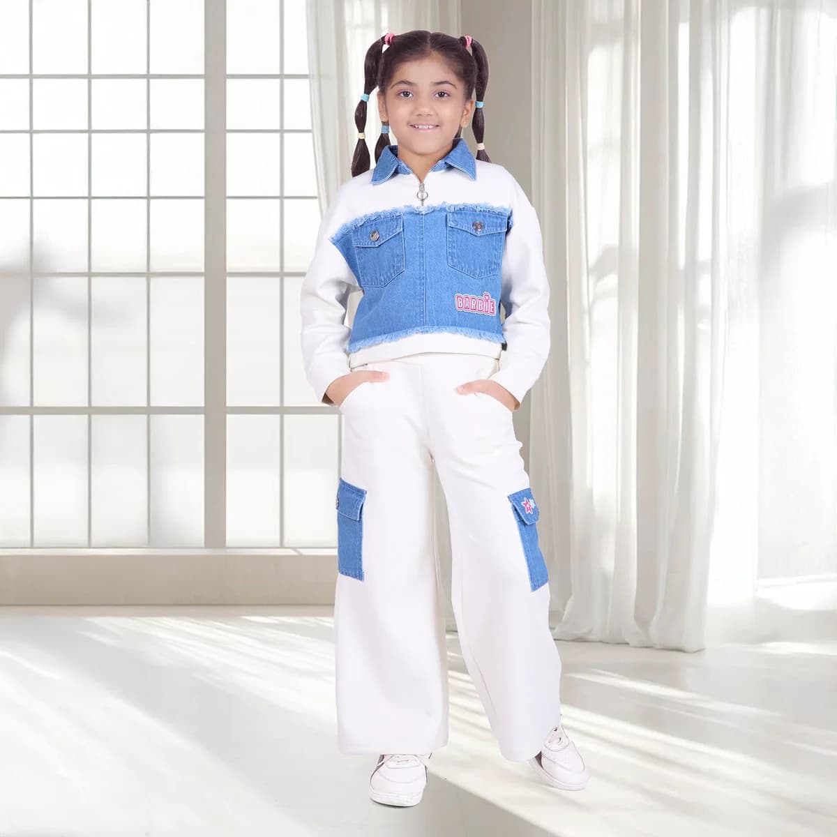 Girls Off White Casual Regular Fit Solid Full Sleeves Co-ords Set