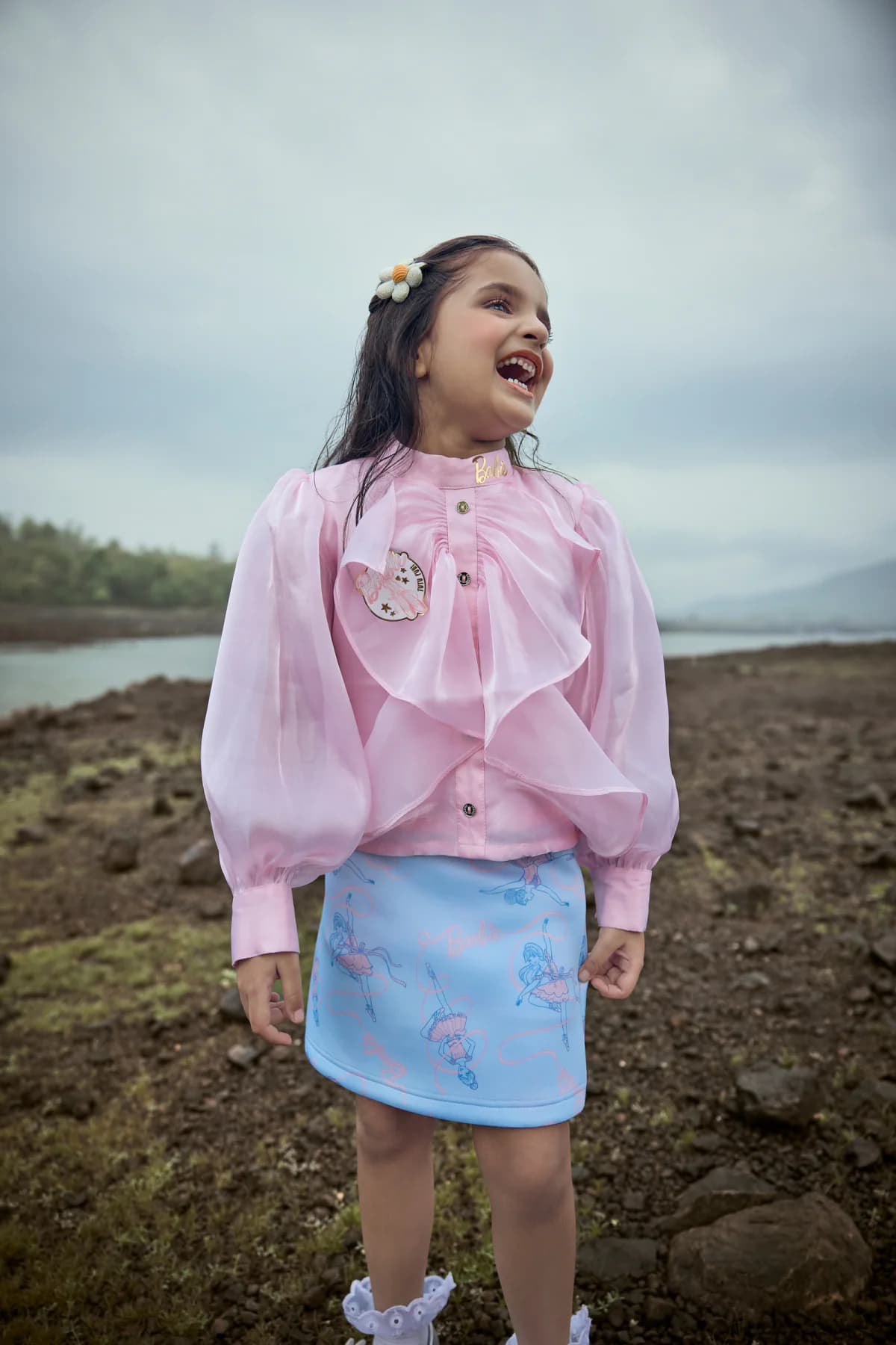 Girls Pink Casual Full Sleeves Soild Top with Printed Skirt Set