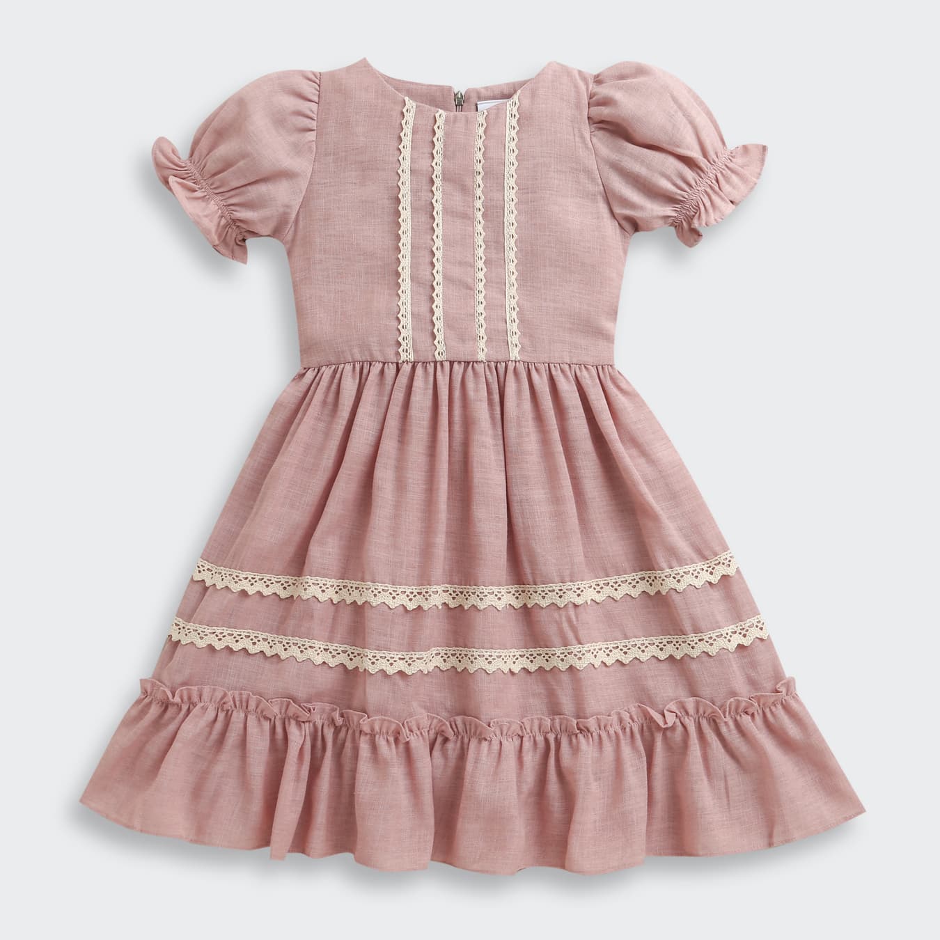 Girls Pink Casual Puff Sleeves Soild Lace Detailed Dress
