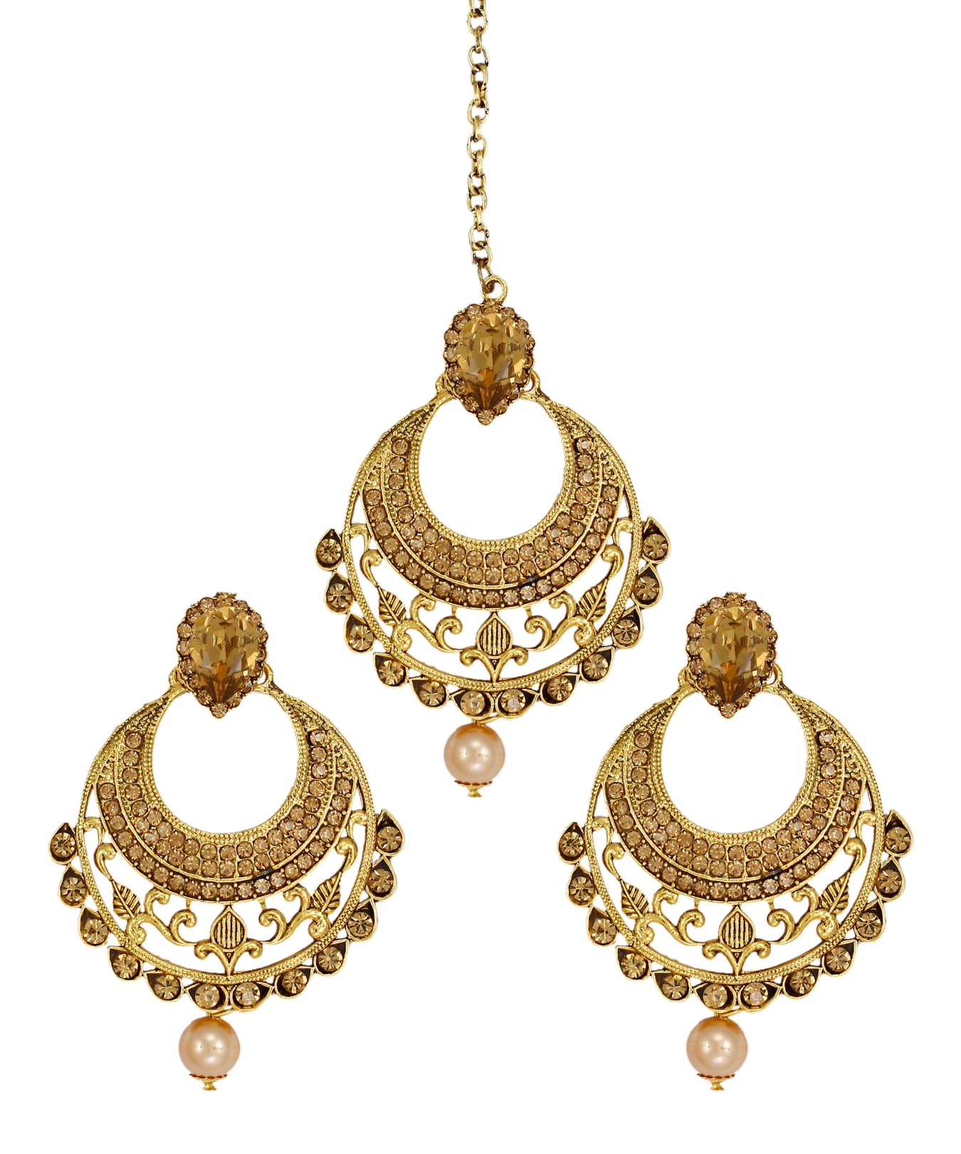 Women's Gold Tone Dazzling Stones Embellished Traditional Earring and Maangtikka Set