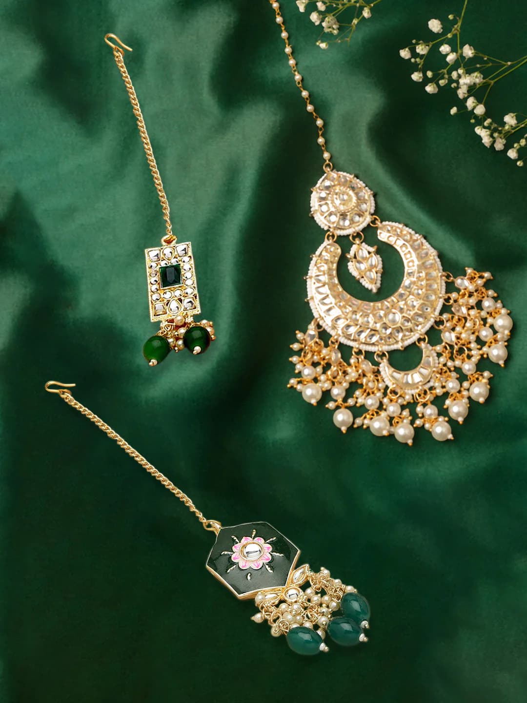 Women's Combo of 3 Green Kundan Maangtikka