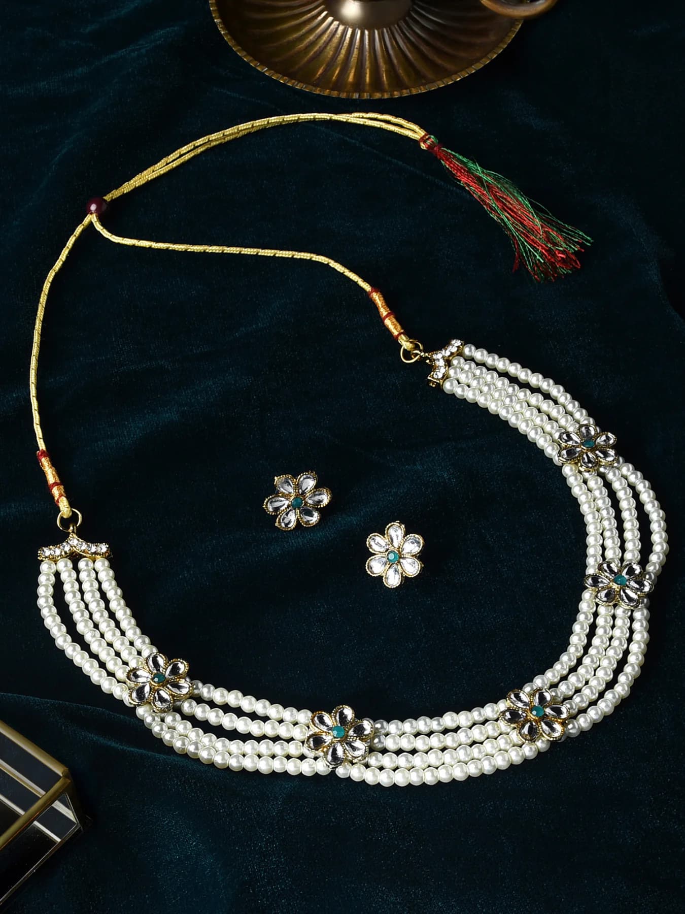 Women's Gold Tone Kundan Flowers Multistrand Pearls Necklace and Earring Set