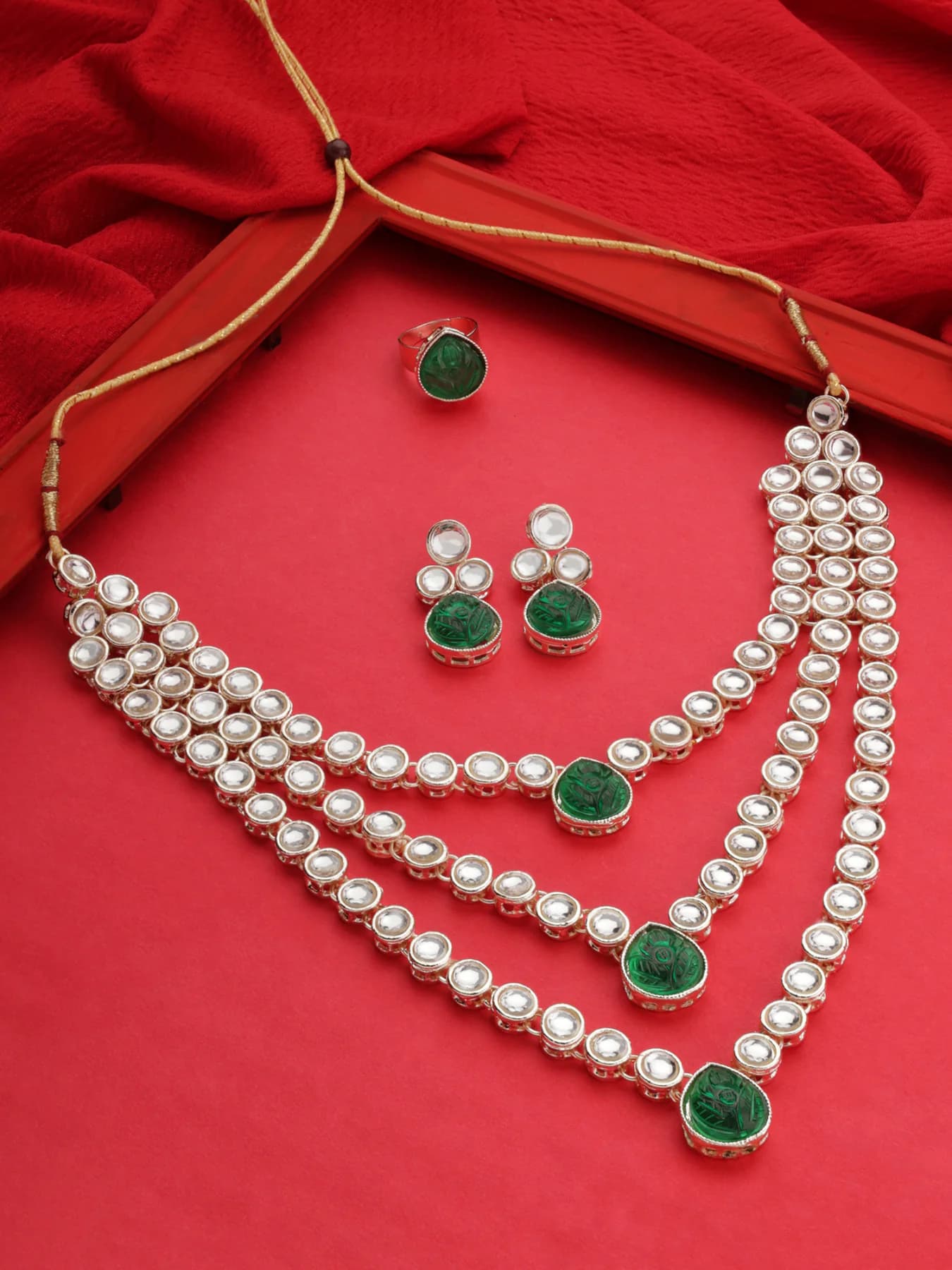 Women's Green Stones Embellished Multi Layers Kundan Bridal Necklace Earring and Ring Set