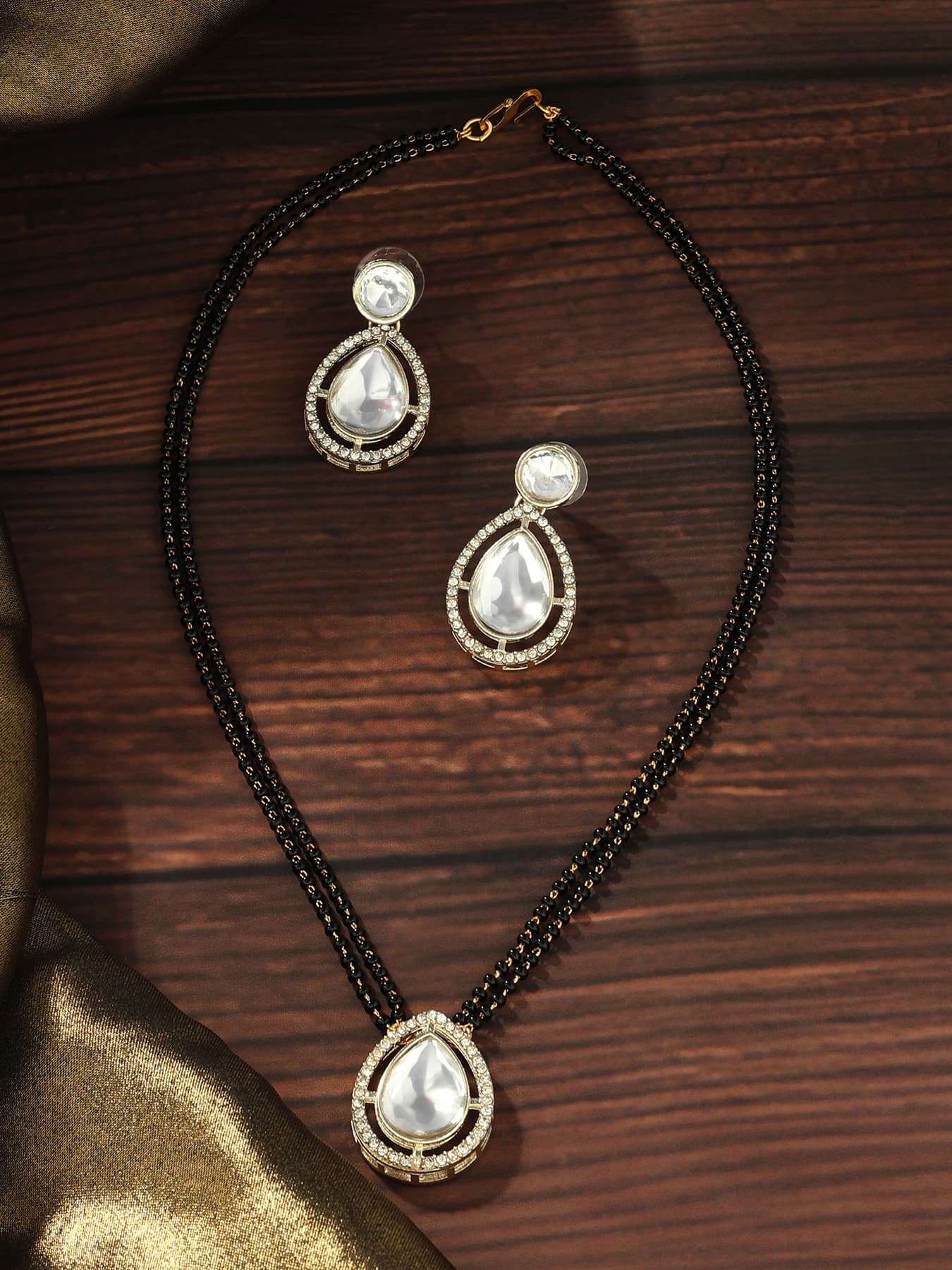 Women's Gold Tone Austrian Diamonds Embellished Drop Shape Beaded Mangalsutra and Earring Set