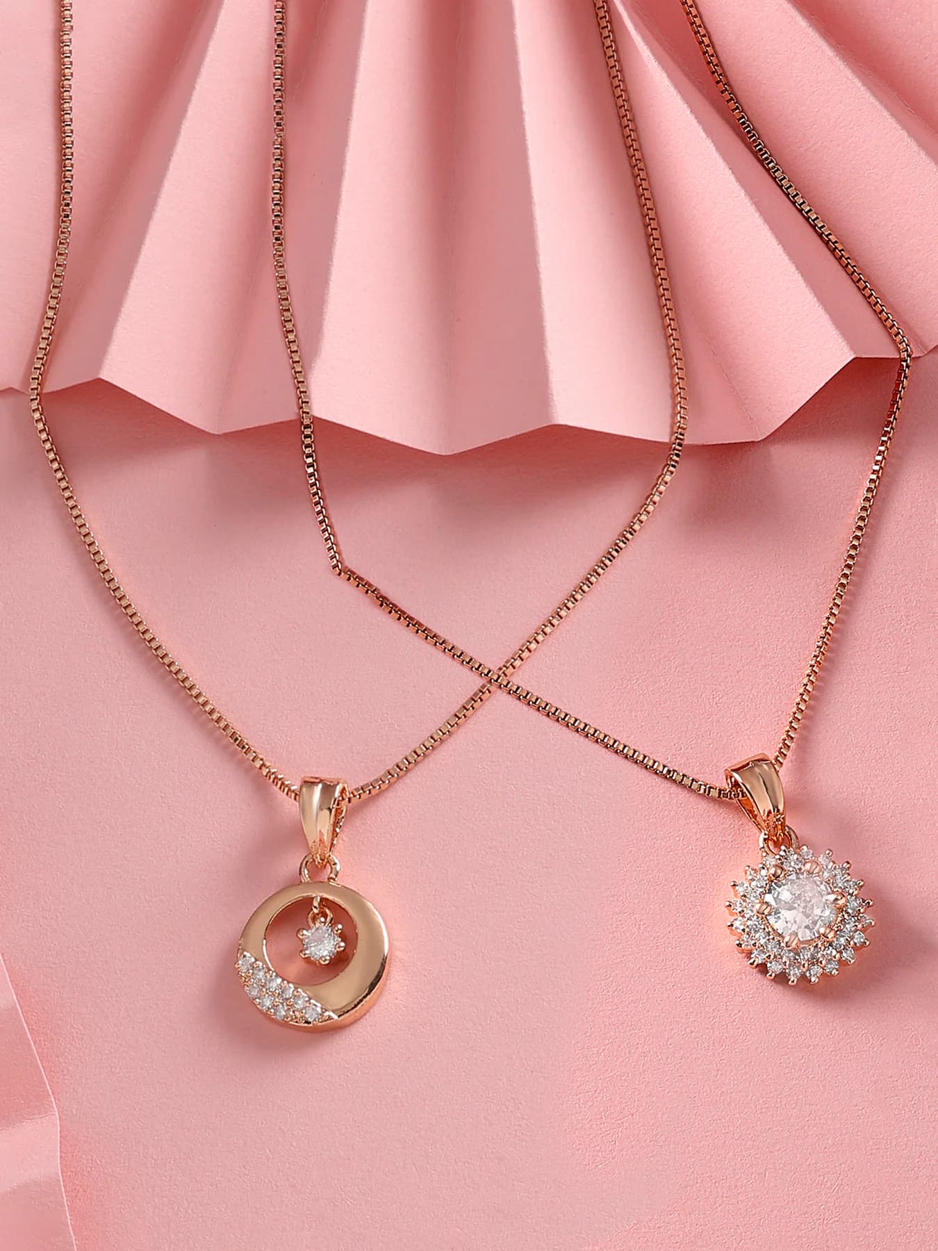 Women's Set of 2 Rose Gold Contemporary Cubic Zirconia Pendants With Chains
