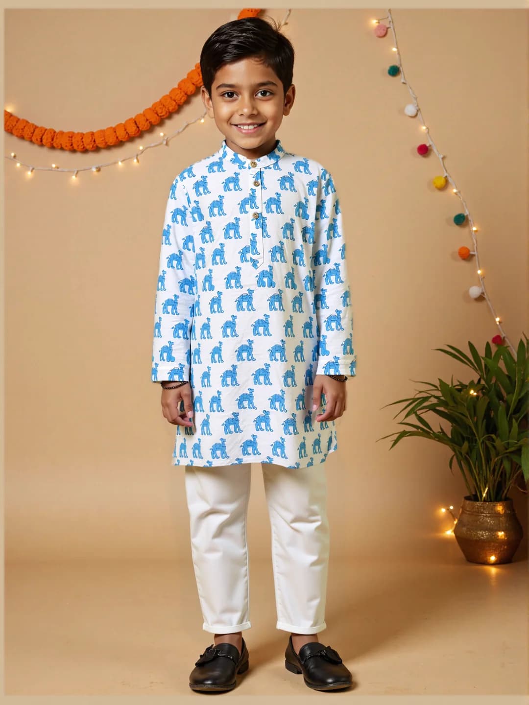 Boys White & Blue Festive Animal Print Ethnic Clothing Set