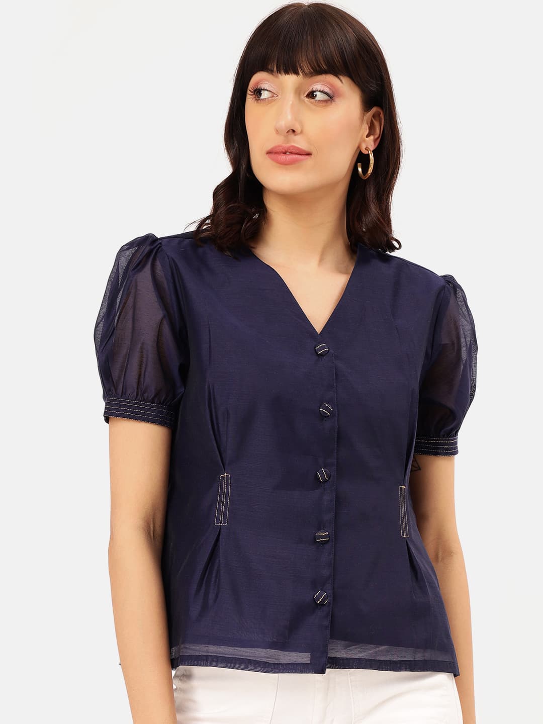 Women's Navy Casual Chanderi Top
