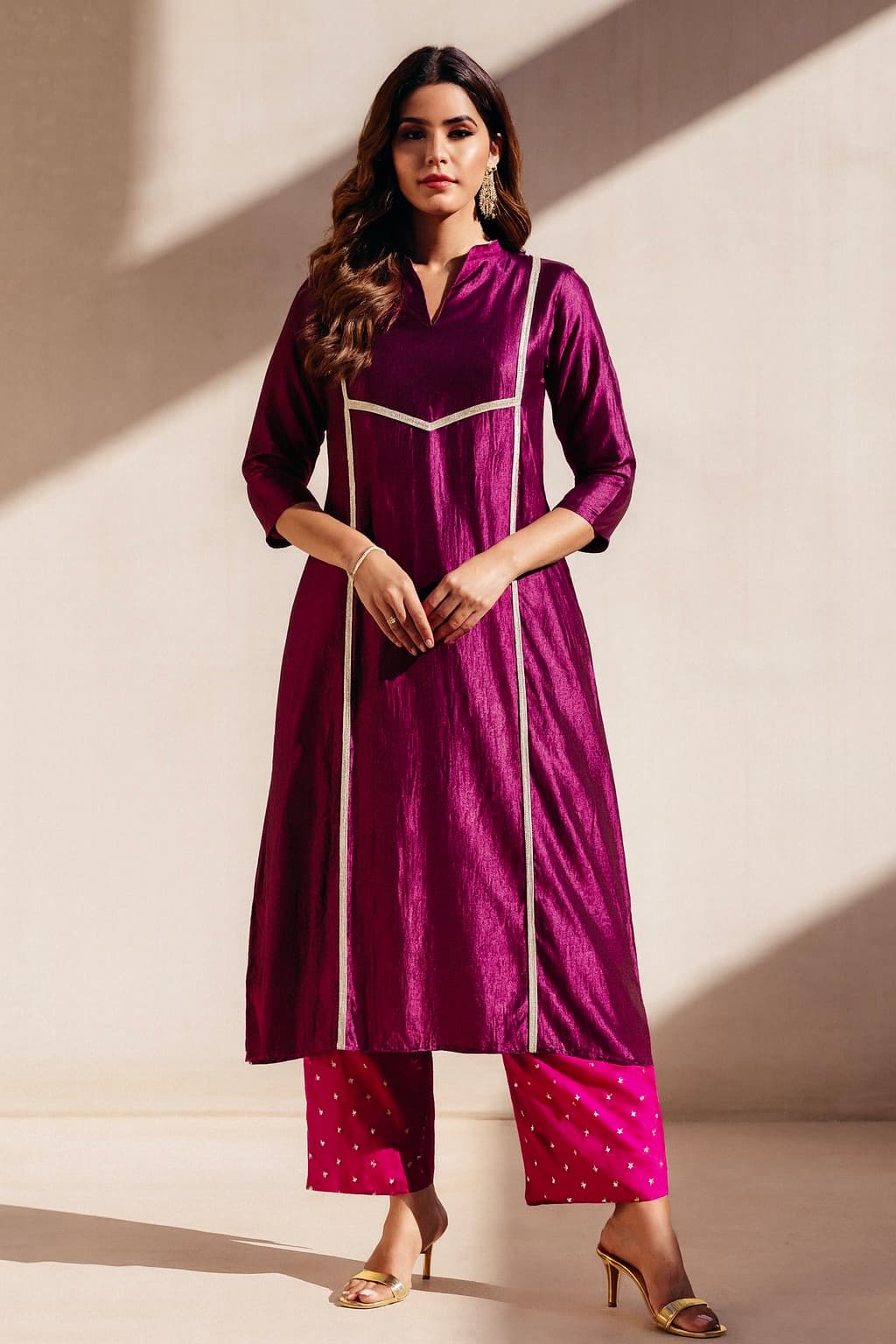 Women's Purple Casual Solid Tonal Kurta Set with Pink Pant