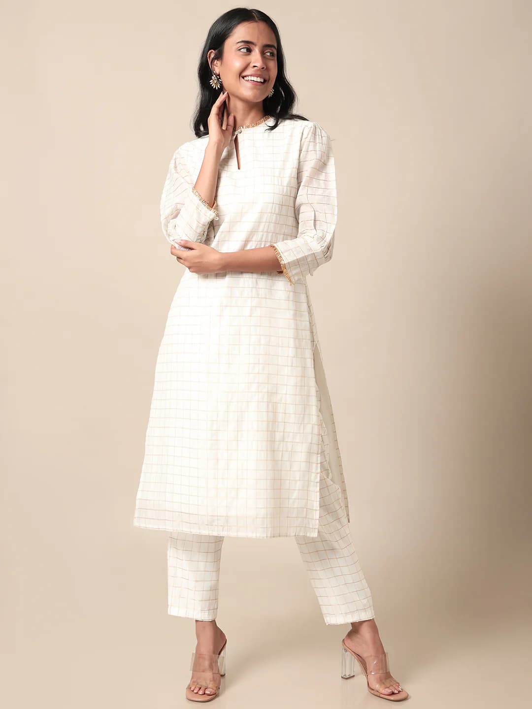 Women's Off White and Gold Casual Chequered Kurta Set