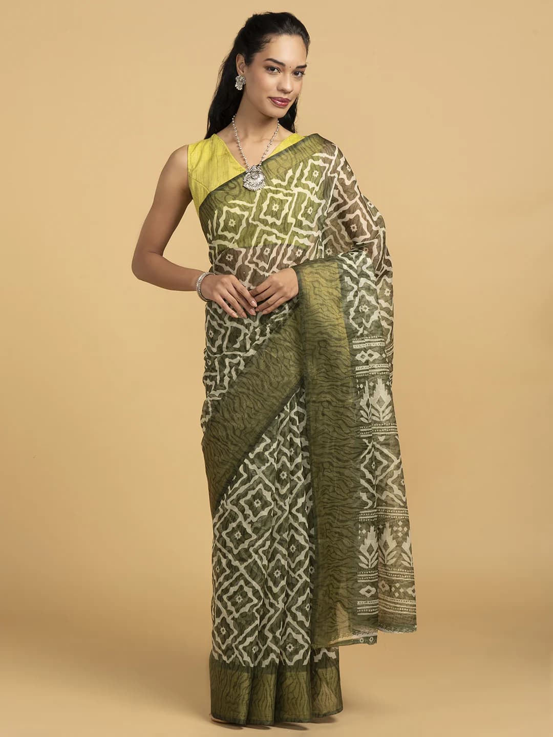 Women's Green Festive Ikat Design Saree