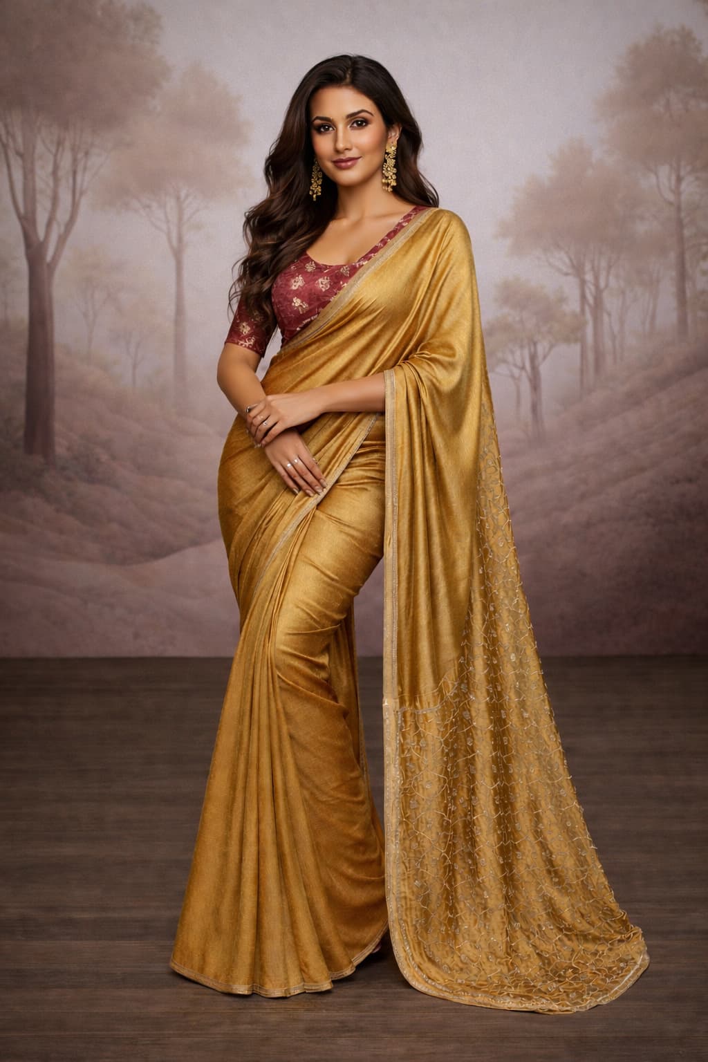 Women's Gold Festive Dance of Duality Embroidered Saree