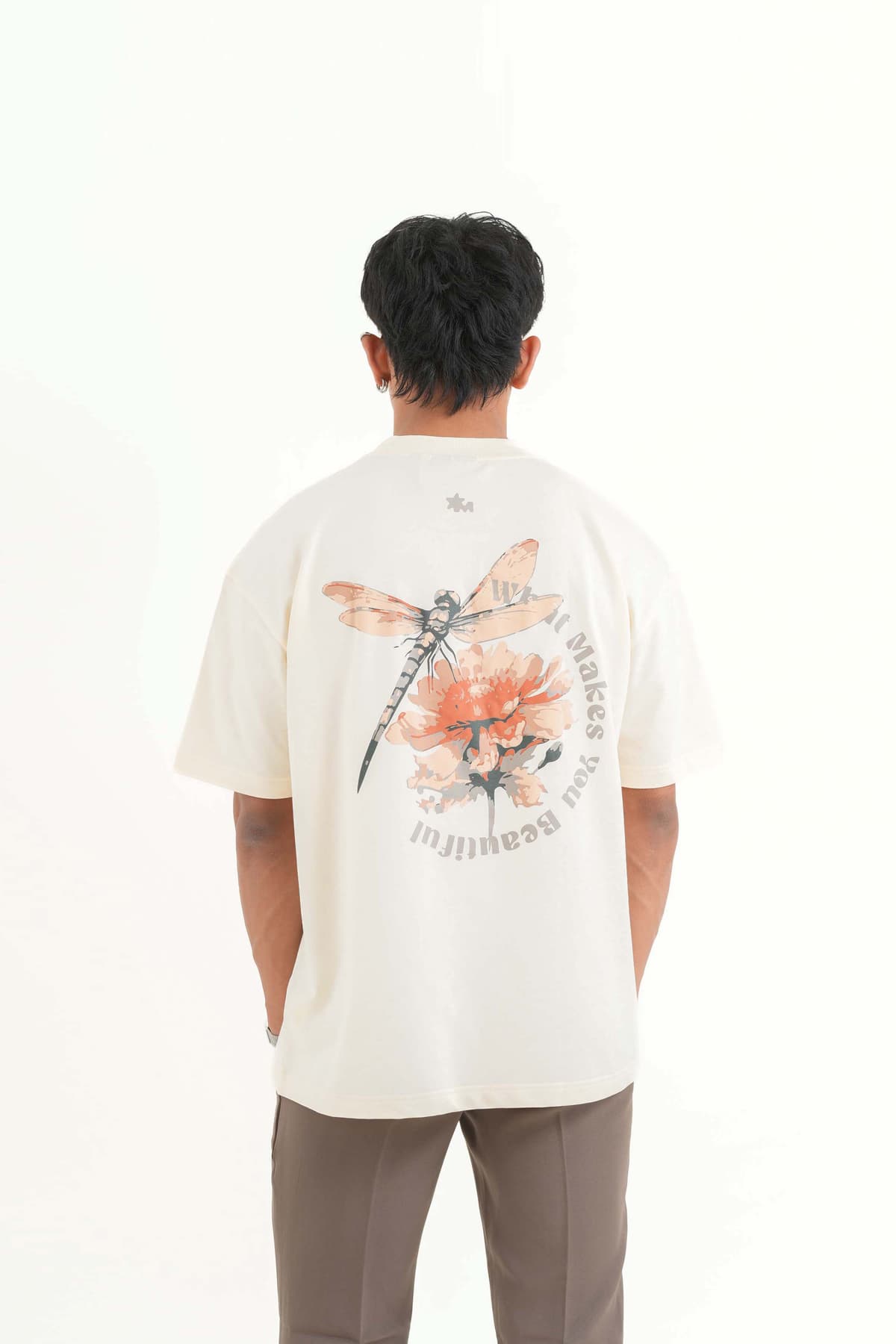 Men's Cream Casual Oversized Fit Half Sleeves Tshirt