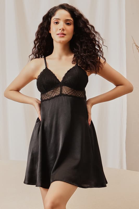 Women's Black Chic Basic Padded Babydoll Night Dress