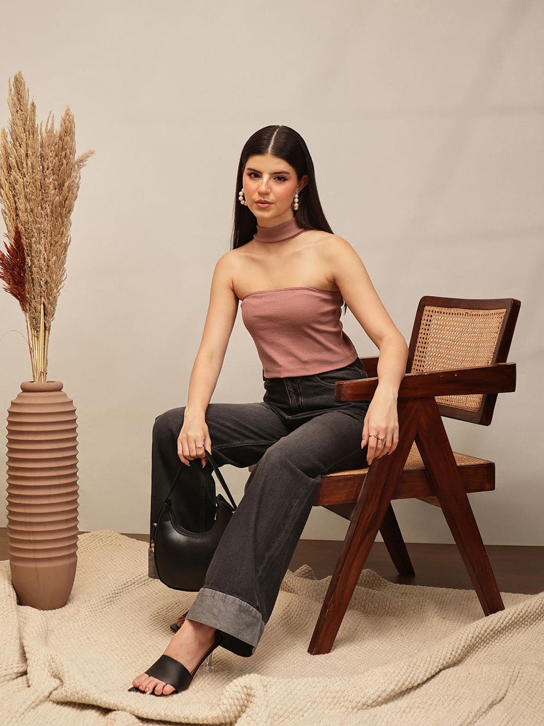 Women's Pink Casual Solid Halter Neck Top