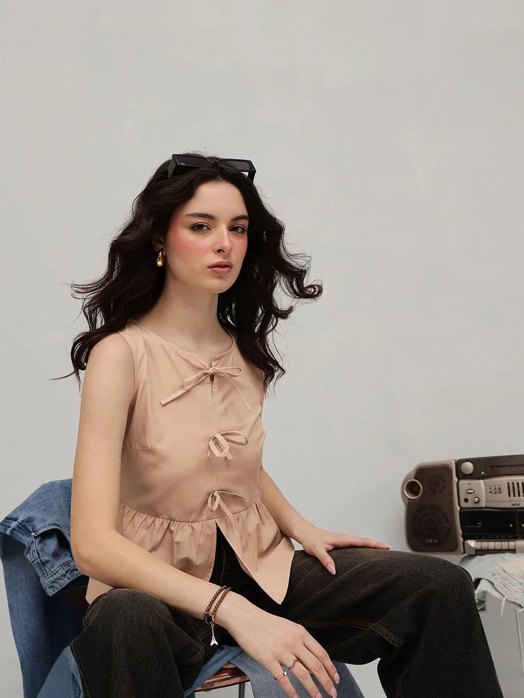 Women's Beige Casual Solid Split Neck Top