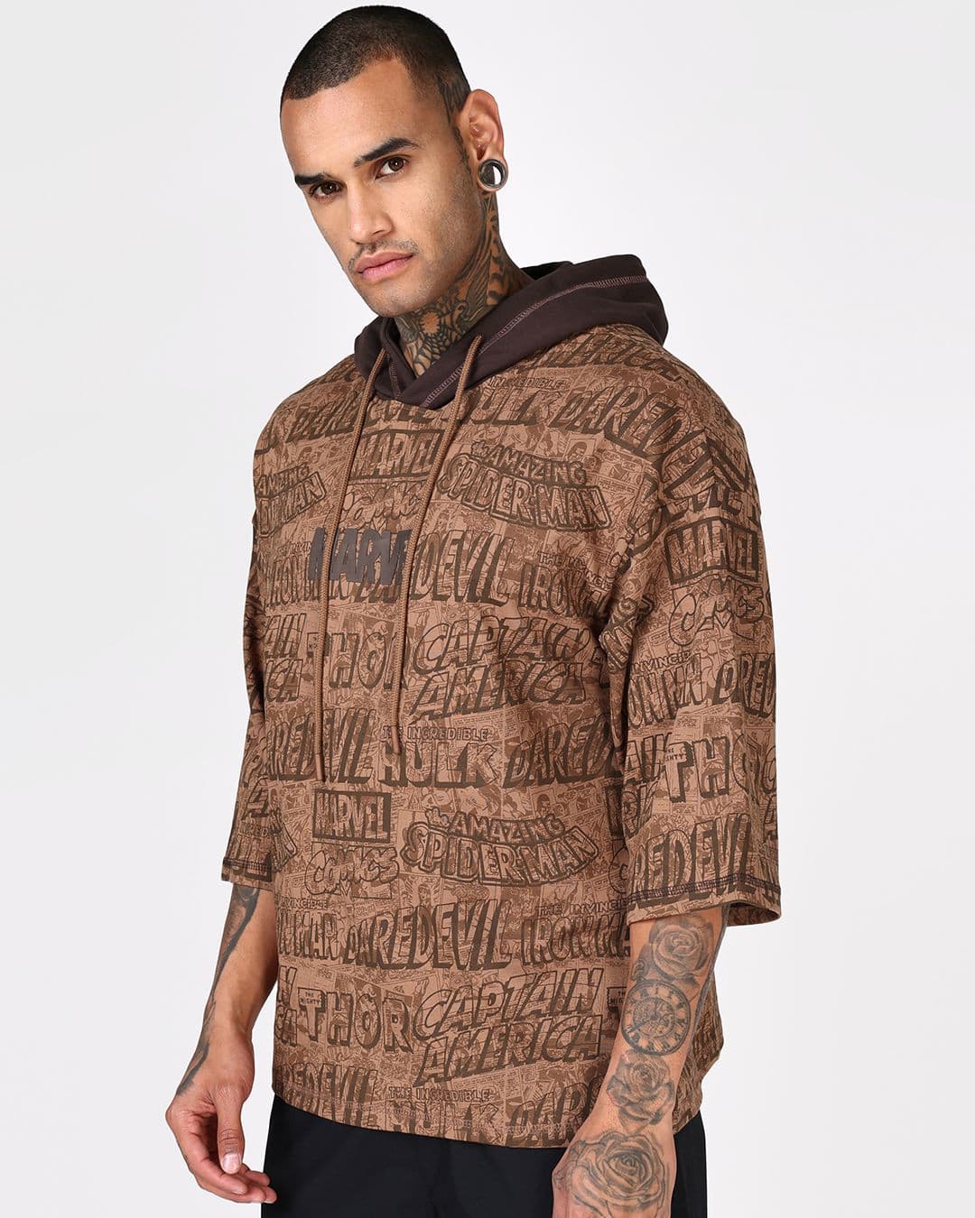 Men's Brown Casual Printed Oversized Fit Three Quarter Sleeves Hoodie