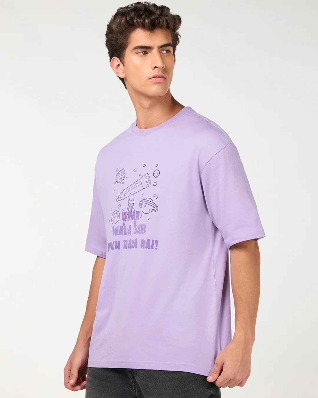 Men's Purple Casual Graphic Oversized Fit Half Sleeves Tshirt