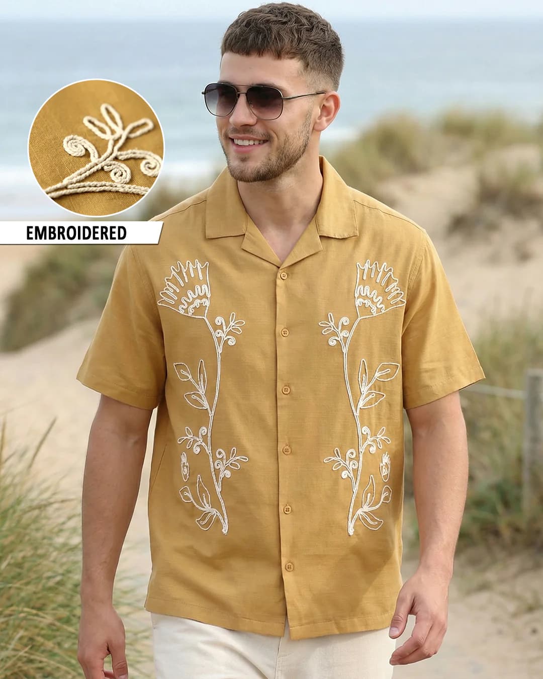 Men's Mustard Yellow Embroidered Oversized Cotton Shirt