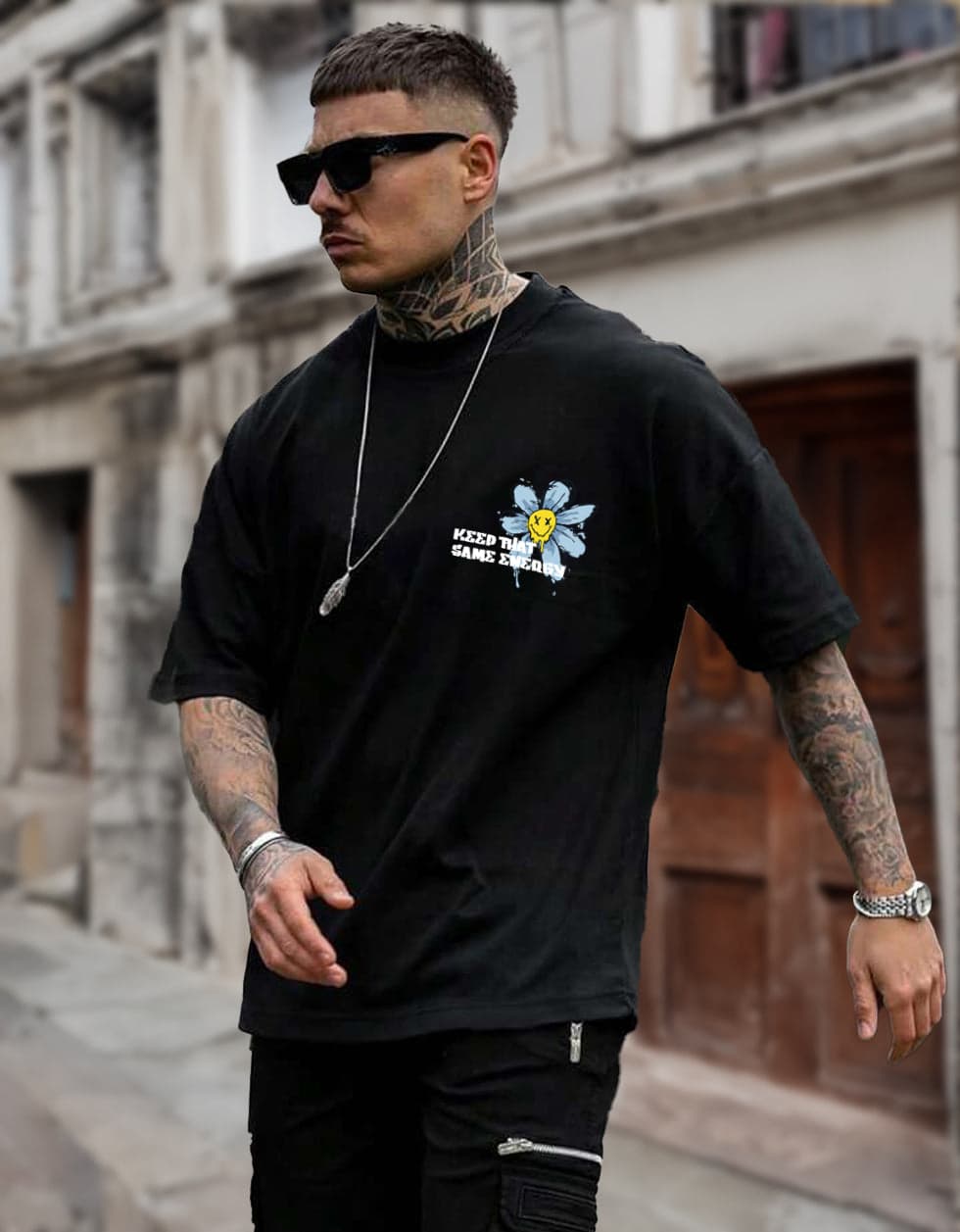 Men's Black Casual Oversized Fit Half Sleeves Graphic Tshirt