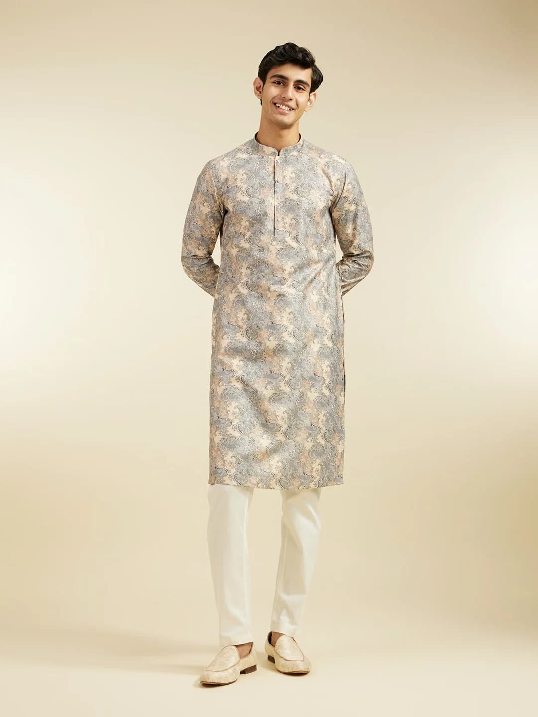 Men's Smoke Grey Paisley Printed Cotton Kurta