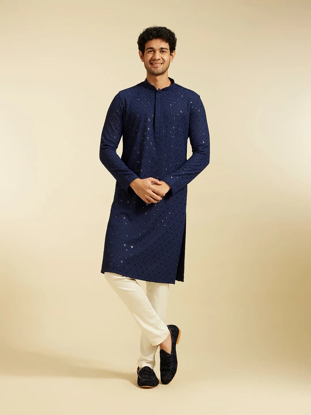 Men's Blue Chikankari Kurta with Sequins