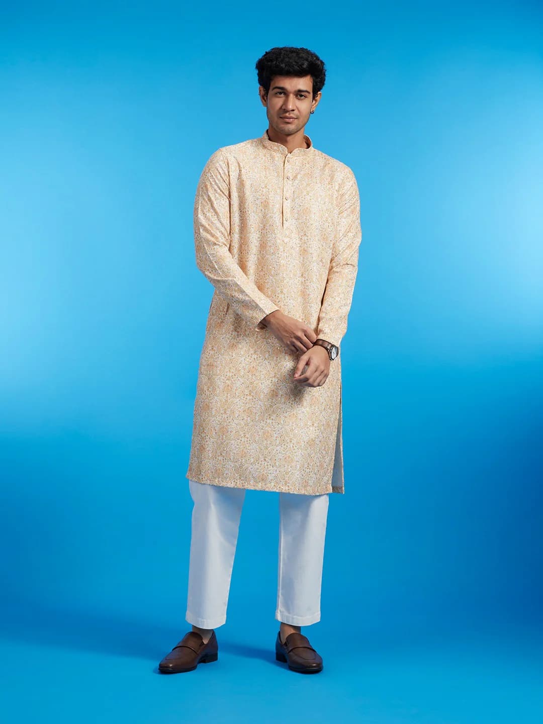 Men's Primrose Yellow Paisley Patterned Cotton Kurta with Rhinestones