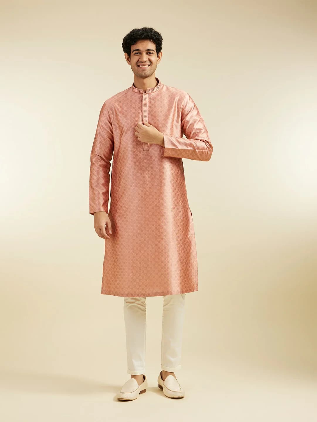 Men's Orange Blossom Lattice Patterned Silk Kurta