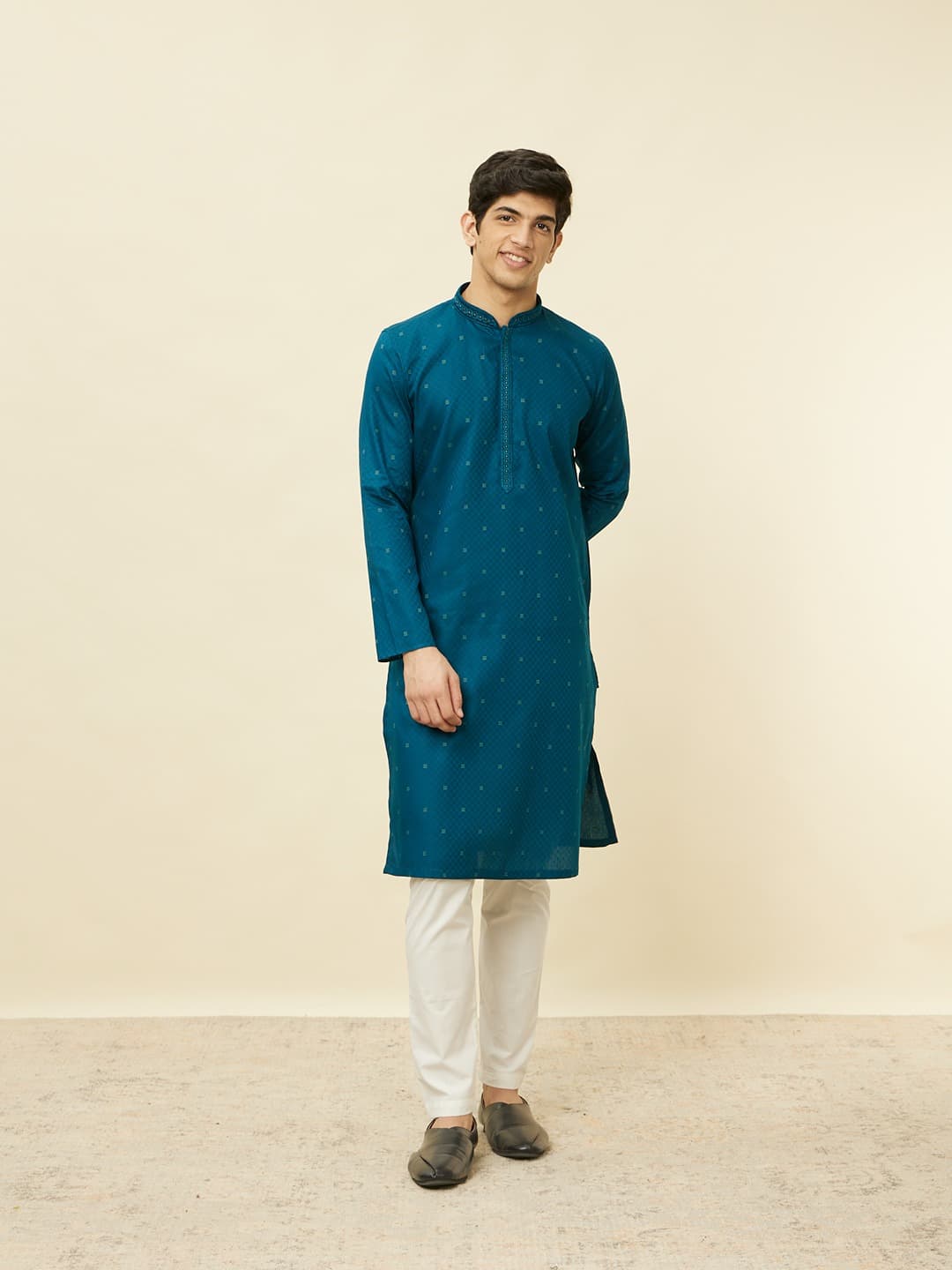 Men's Sapphire Blue Checkered Kurta Set
