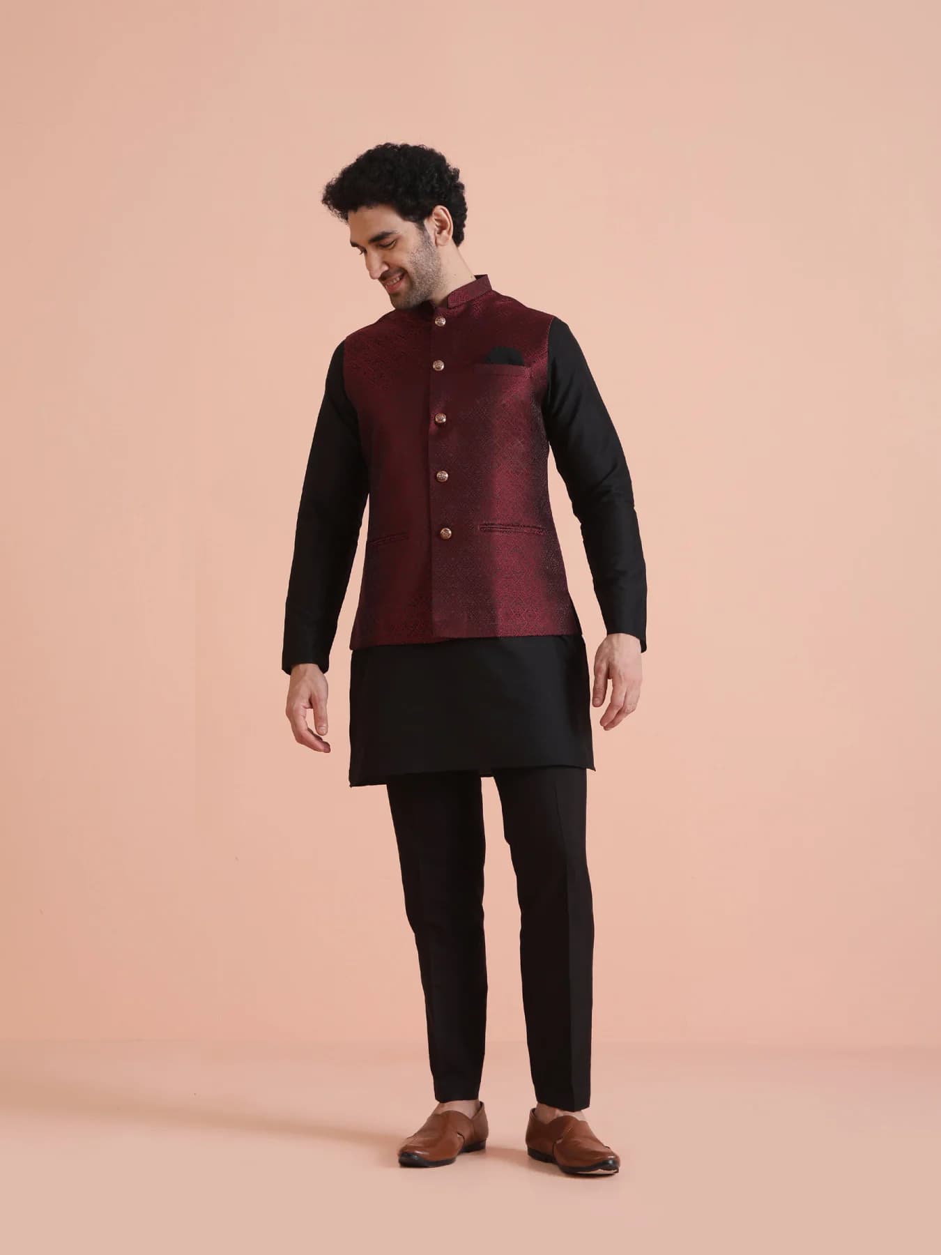 Men's Red Party Jacquard Silk Blend Kurta Jacket Set