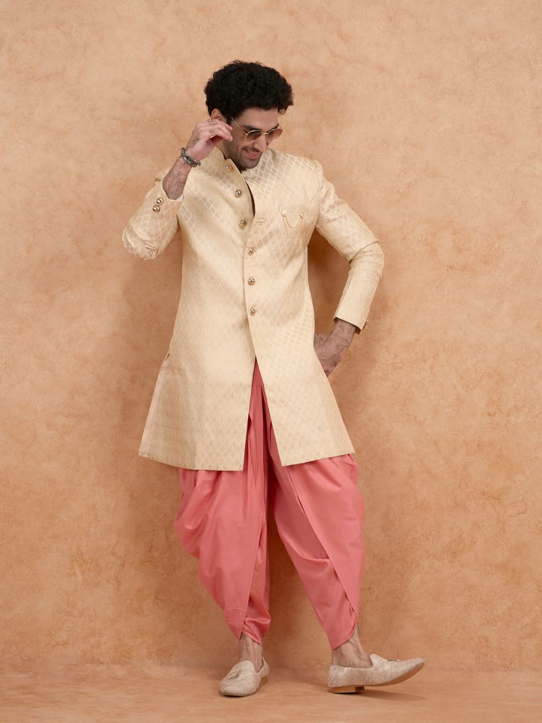 Men's Cream Party Brocade Sherwani with Pink Party Dhoti