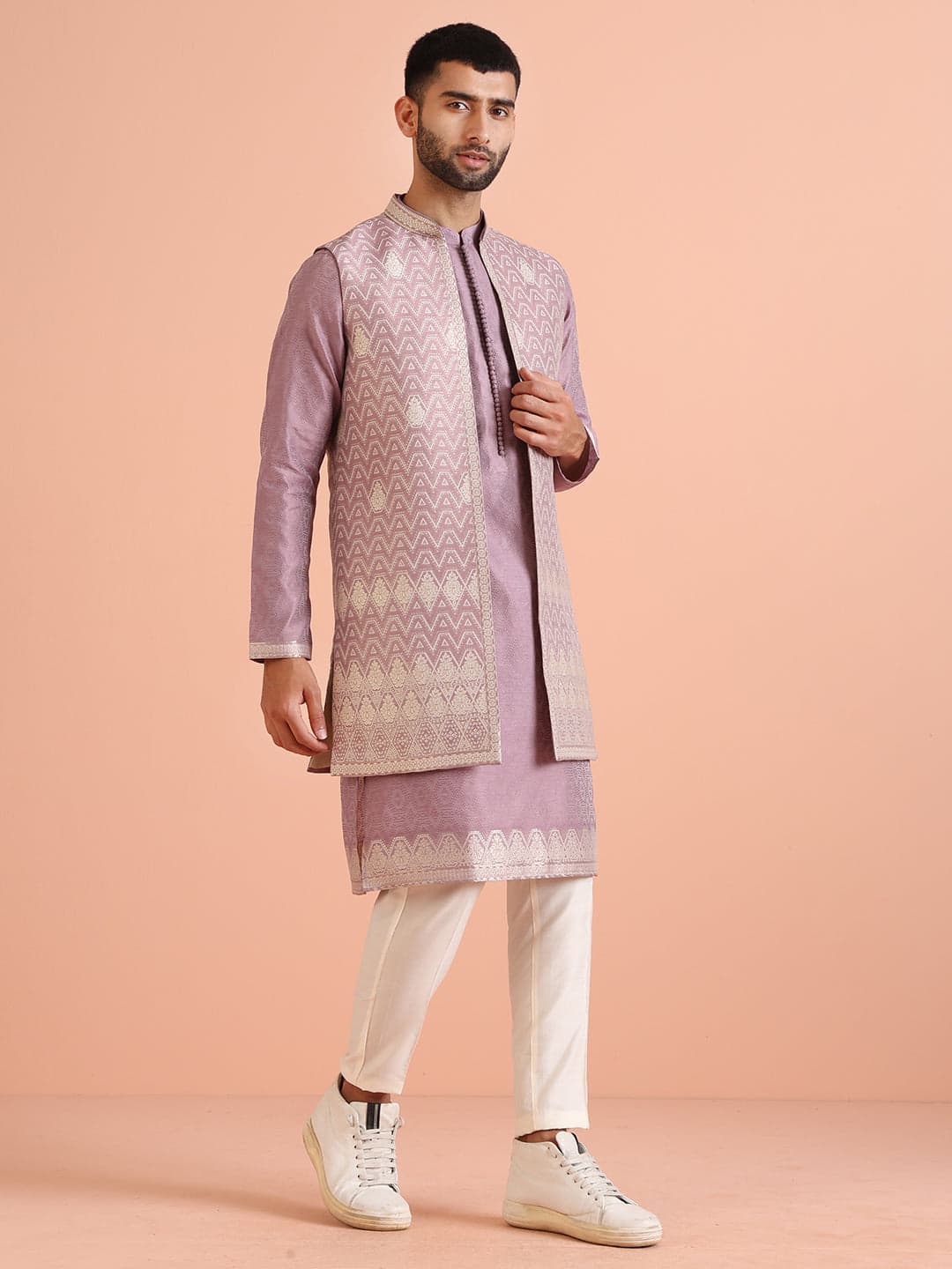Men's Pink Party Silk Blend Woven Nehru Jacket Kurta Trouser