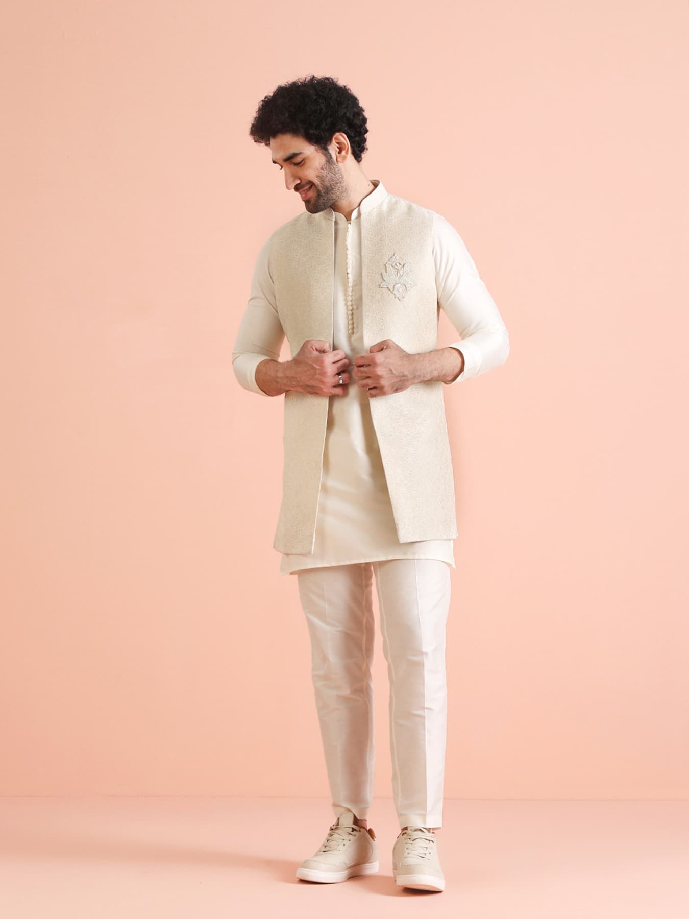 Men's Cream Party Silk Blend EmbroideRed Party Jacket Set with Kurta & Churidar