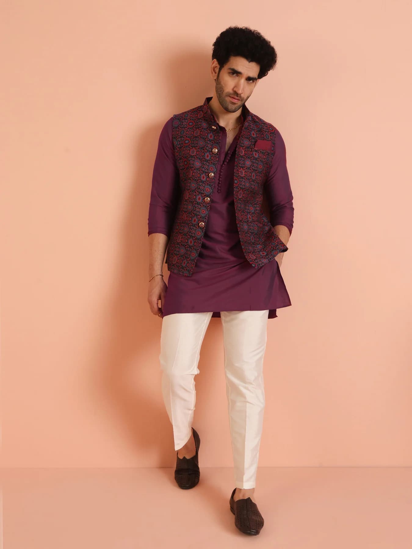 Men's Red Party Silk Blend Printed Jacket Kurta Trouser Set