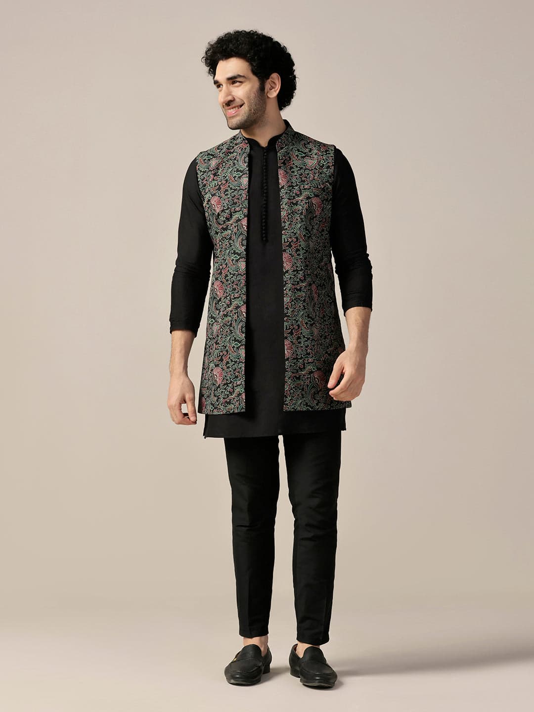 Men's Black Silk Blend Printed Jacket Kurta Trouser Set