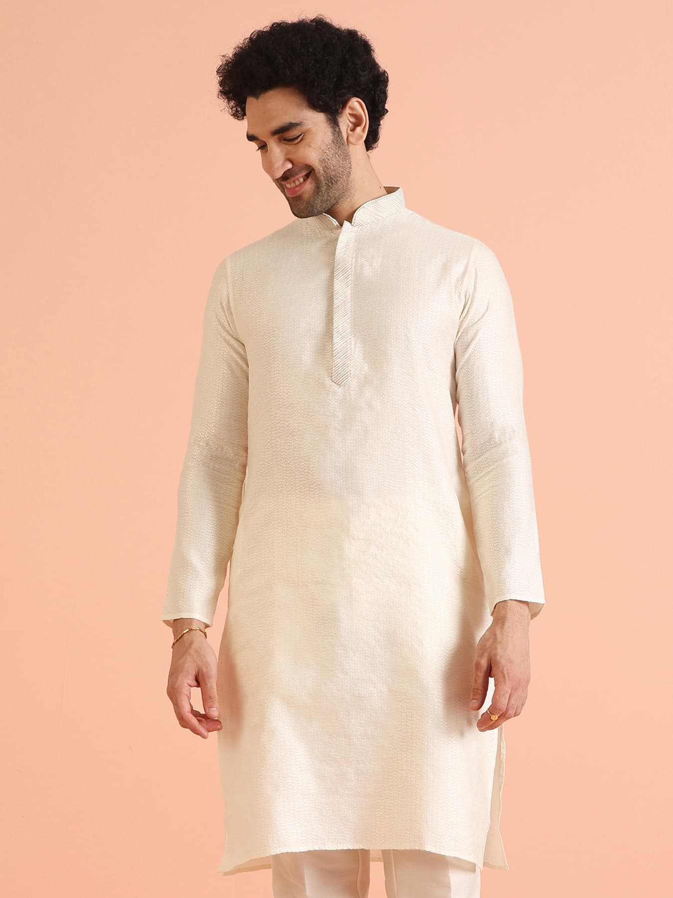 Men's Cream Silk Blend Textured Festive Kurta with Mandarin Collar