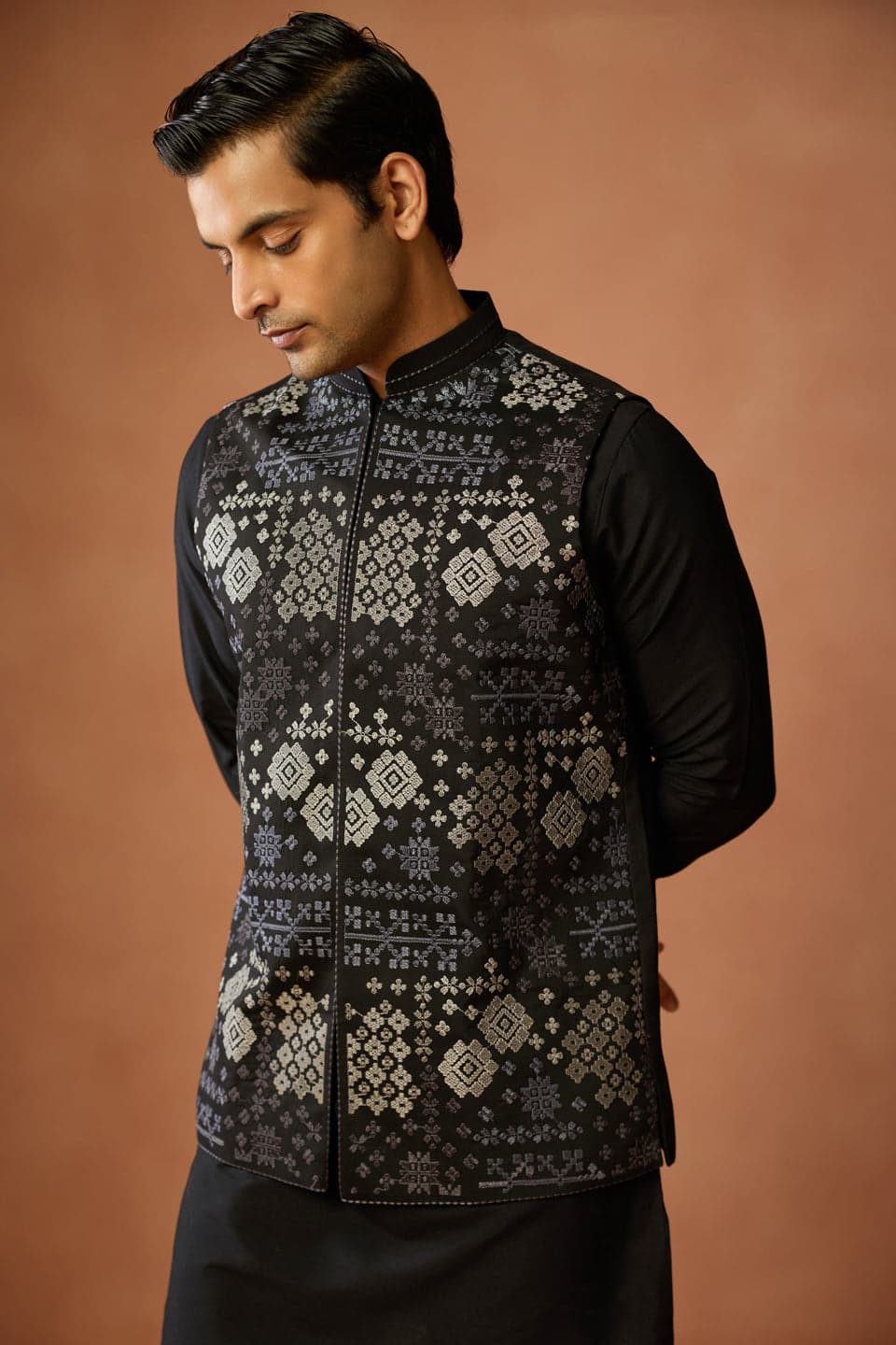 Men's Black Silk Blend Nehru Jacket with Silver Geometric Woven