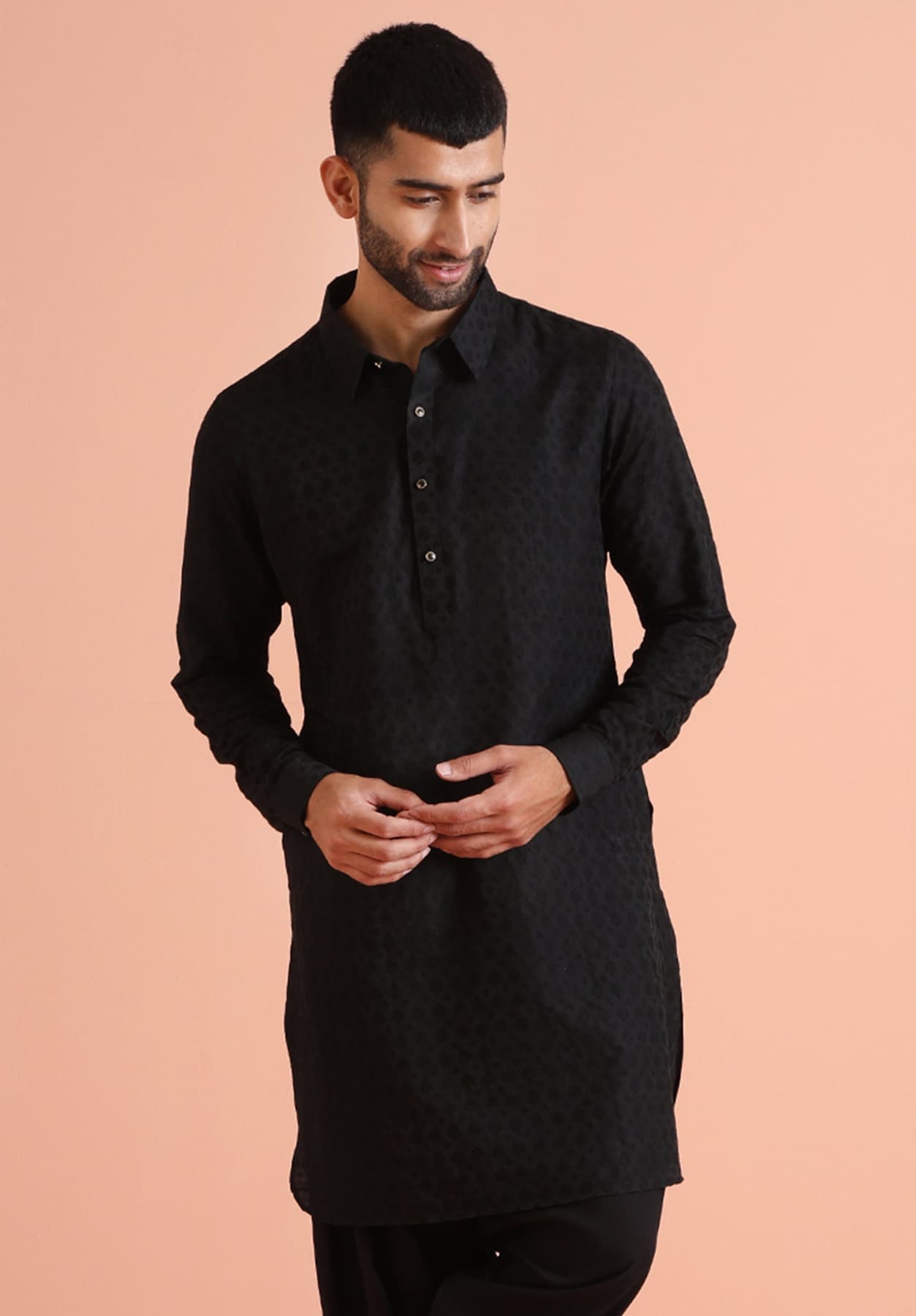 Men's Black Self-Patterned Jacquard Long Festive Kurta with Collar