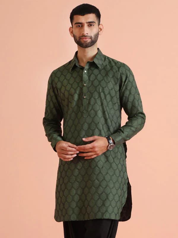 Men's Green Silk Blend Jacquard Long Festive Silk Kurta