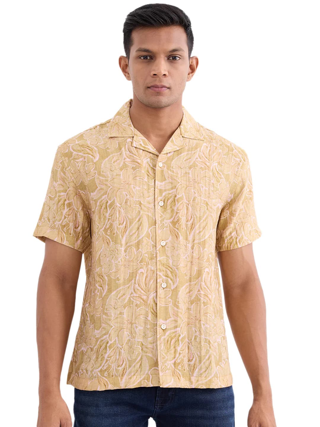 Men's Yellow Casual Half Sleeves Printed Shirt