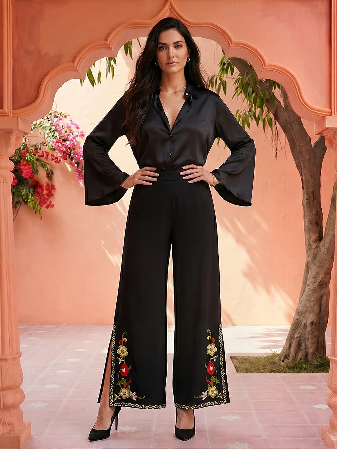 Women's Black Mid Rise Flared Embroidered Hem Side Slits Fusion Palazzo