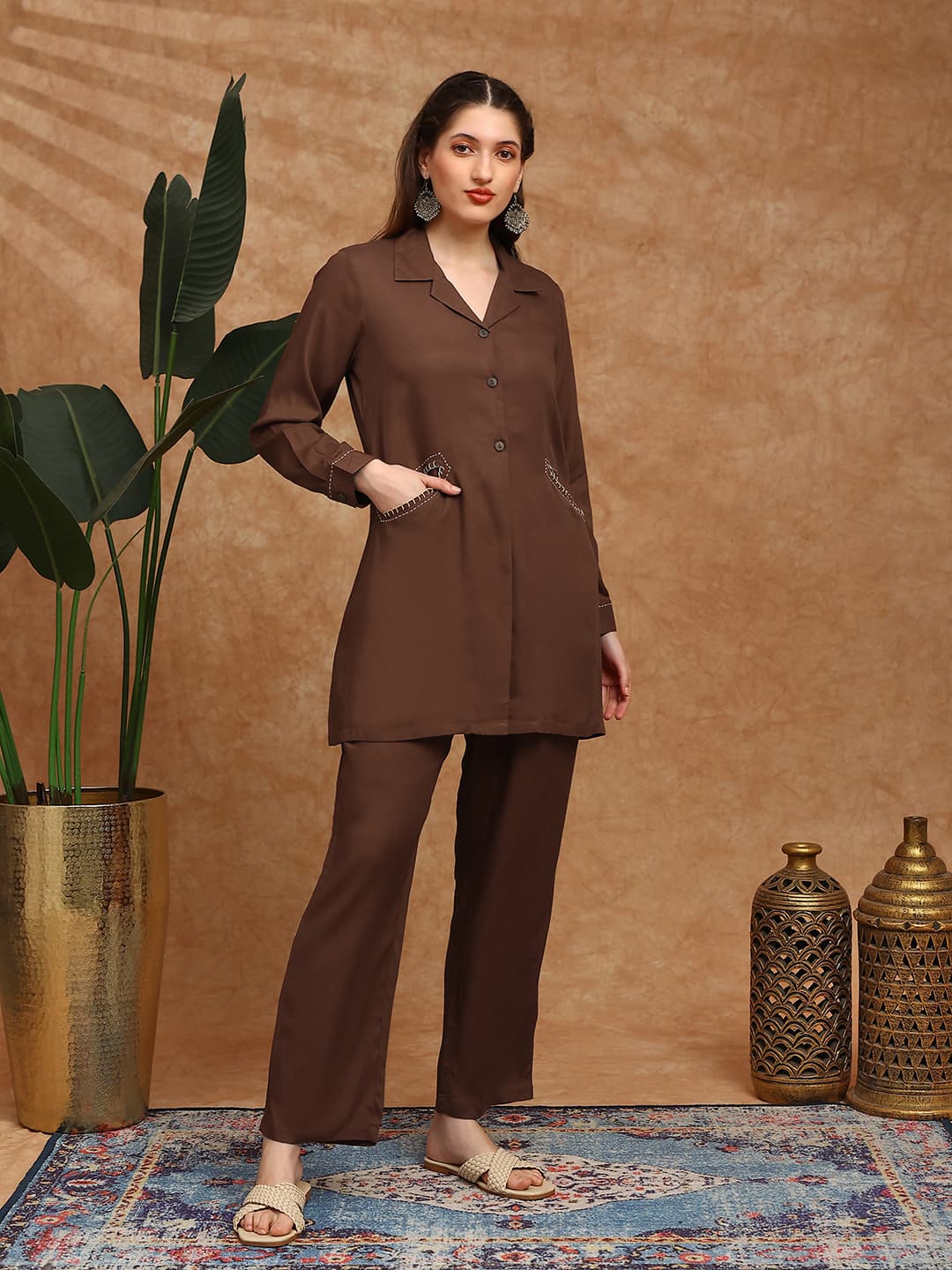Women's Brown Cuban Collar Cuffed Sleeves Embroidered Detail Pockets Shirt Style Tunic & Trousers Co-Ord Set