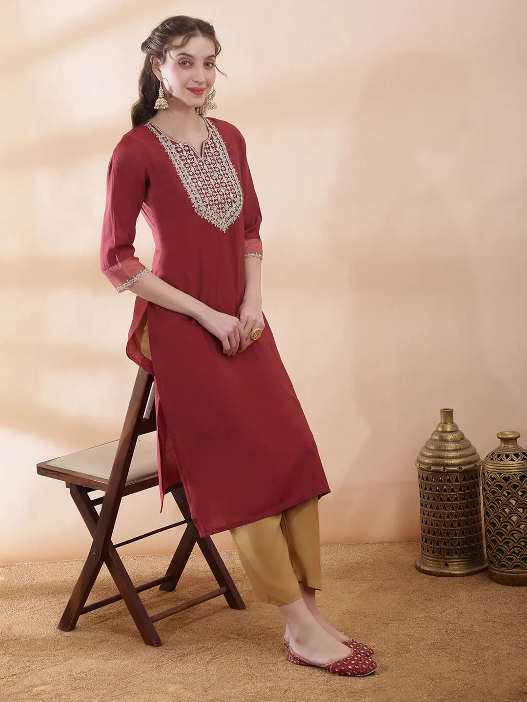 Women's Red Sequinned & Zari Embroidered Yoke Round Neck Scalloped Sleeves Side Slits Festive Kurta