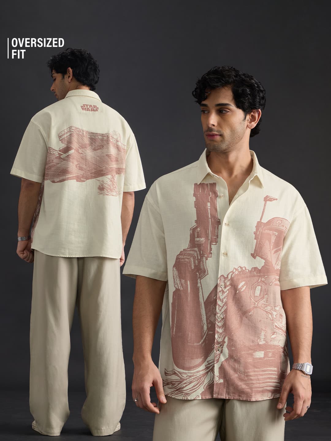 Men's Beige Casual Printed Oversized Fit Half Sleeves Shirt