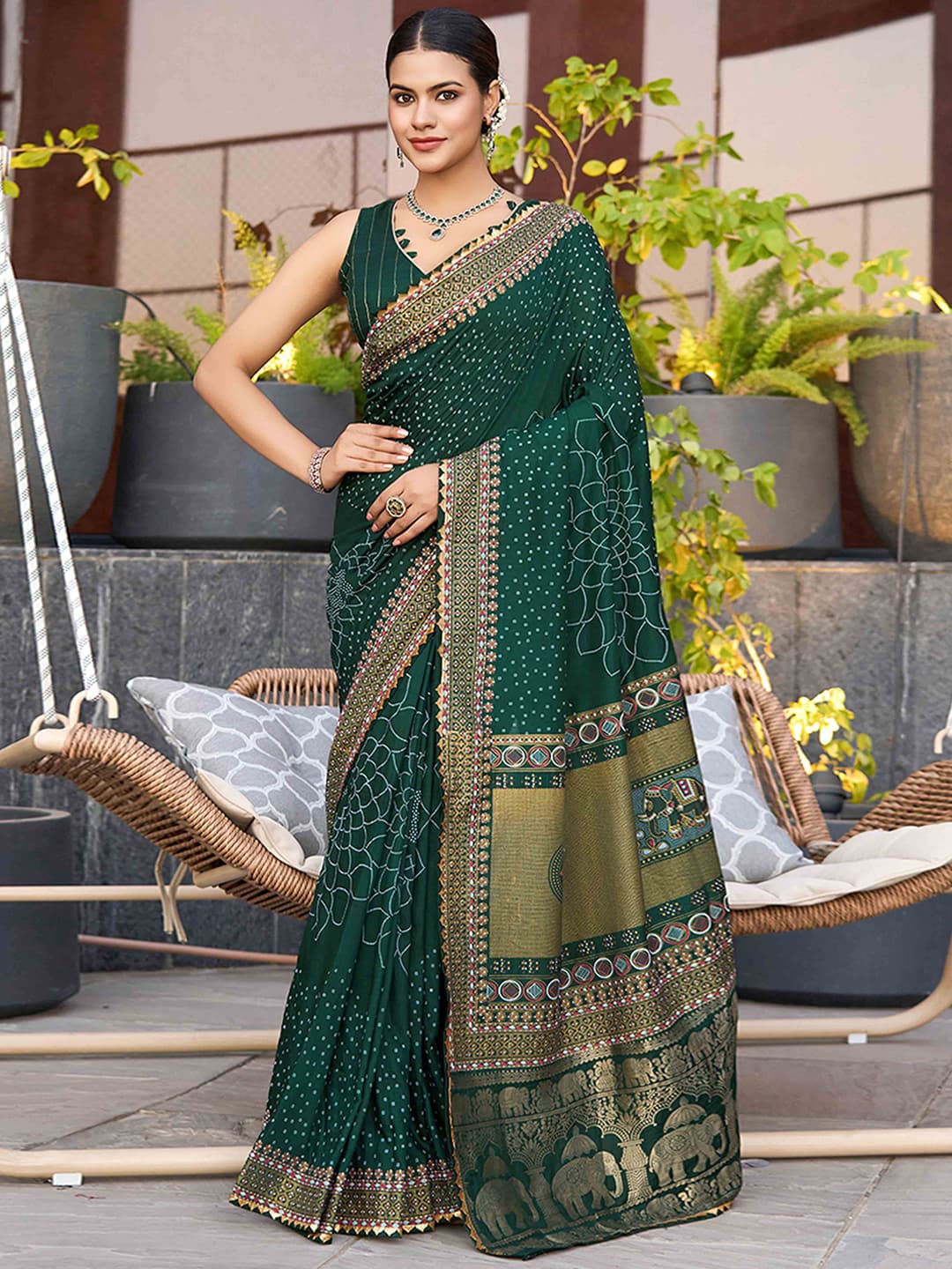 Women's Green Bandhani Foil Printed Cotton Silk Saree with Lace Border and Unstitched Blouse Piece